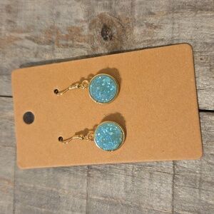NEW Druzy Sparkly Drop Crystal Round Pendant Dangly Earrings Aqua Blue & Gold